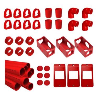 Imagem de Kit Instalação Elétrica Aparente 36 Peças, PVC Anti-Chamas 3/4", Eletrodutos Abraçadeiras Adaptadores Joelhos Caixas 5 Entradas (Vermelho)