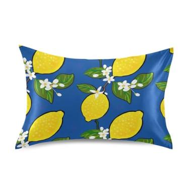 Imagem de Fronhas de cetim azul marinho com limões amarelos florais personalizadas refrescantes King Queen capas de travesseiro padrão para quarto tamanho padrão 66 cm x 50 cm