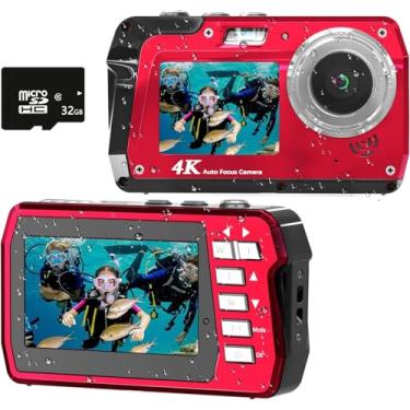 Imagem de Câmera subaquática 4K 48MP à prova d'água com cartão de 32 GB, selfie de tela dupla (frontal e traseira), mergulho de 3 m para mergulho com snorkel, surf, rafting, natação, viagens