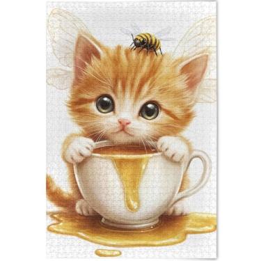 Imagem de Quebra-cabeça de gato adorável gatinho personalizado adulto 1000 peças presentes de festa elefante branco arte divertida quebra-cabeça pintura animal decoração, 75 cm x 50 cm