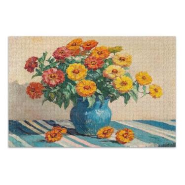 Imagem de Quebra-cabeça vintage Zinnia azul calêndula, 1000 peças para adultos, com letras nas costas, quebra-cabeças divertidos para adultos