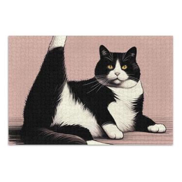 Imagem de Quebra-cabeça adulto 1000 peças fofo gato preto branco preguiçoso animal arte floral divertida família quebra-cabeça família elefante branco presentes, 75 x 40 centímetros