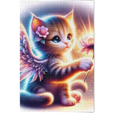 Imagem de Quebra-cabeça floral de gato fofo personalizado para adultos 1000 peças de arte de brinquedo de arte família Prime Family Elefantes brancos presentes, 75 cm x 50 cm