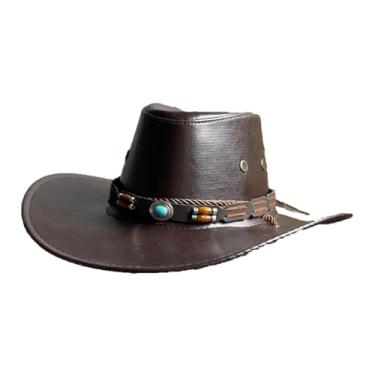 Imagem de APLVFFZH Chapéu de Cowboy, Chapéu de Cowboy Estilo Faroeste, Chapéu de Jazz, Chapéu de Fantasia em PU com Proteção Solar E Aba Larga para Aniversários, Acampam, Marrom Escuro