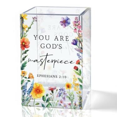 Imagem de QYUVK You Are God's Masterpiece Porta-lápis de acrílico, suporte de caneta floral cristã para mesa, presentes cristãos para mulheres e meninas, versículos da Bíblia, organizador de pincéis de