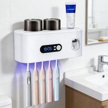 Imagem de ALLGLAM Suportes de escova de dentes montados na parede, dispensador automático de pasta de dente USB com secagem e limpeza inteligentes, 5 compartimentos para escova e 2 copos para organizador de