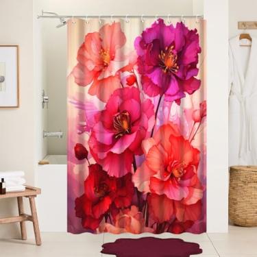 Imagem de Uiiooazy Cortina de chuveiro vermelha para banheiro rosa choque floral conjunto de cortinas de chuveiro com ganchos abstrato flores corais decoração de banheira cortinas de tecido impermeável 152 x