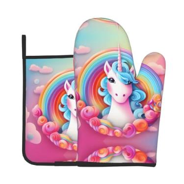 Imagem de Conjunto de 2 peças de luvas de forno com estampa de unicórnio arco-íris, adequado para cozinhar, assar e grelhar ao ar livre