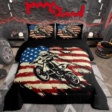 Imagem de Feelyou Conjunto de edredom de motocross, Queen, com estampa de bandeira americana, para crianças, meninos, meninas, com design de bicicleta suja, edredom para decoração de quarto, esportes radicais