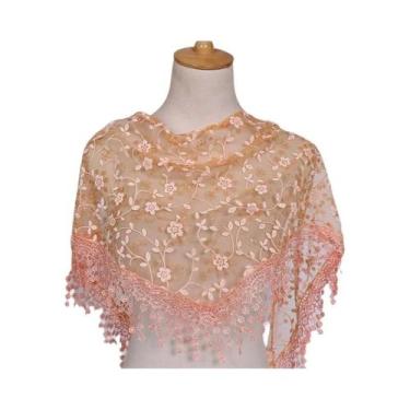 Imagem de Lenço Triangular Feminino 125x36cm Com Borlas, Bordado Floral Em Renda