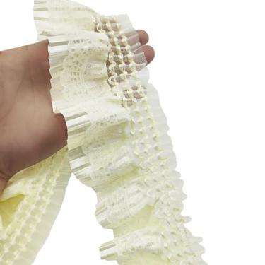 Imagem de YOOGCORETT 2 metros de renda bege vintage plissado chiffon guarnições fitas de renda elástica para decorações de casamento nupcial suprimentos de costura DIY artesanato feito à mão decoração de