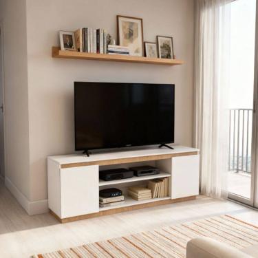 Imagem de Rack Moderno 130cm para Tv com Porta Cava e Base com Rodapé Branco