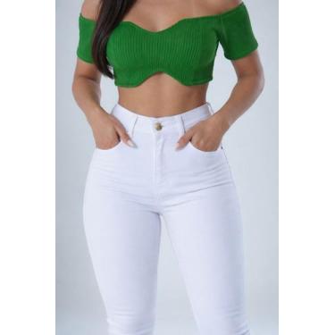 Imagem de Calça Skinny Branca Feminina Cintura Alta Com Elastano Não Transparent
