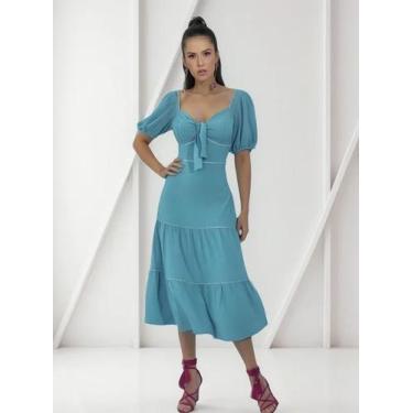 Imagem de Vestido Feminino Midi Manguina Decote Amarração Cândida Ferreira, Verd