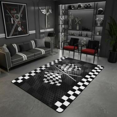 Imagem de Tapete de área com estampa de bandeira xadrez preto e branco, 90 x 12 cm, tapete decorativo de carro de corrida esportes radicais sem queda para crianças adolescentes adultos, tapete decorativo de favo de mel quadrado geométrico para sala de jogos quarto sala de jantar