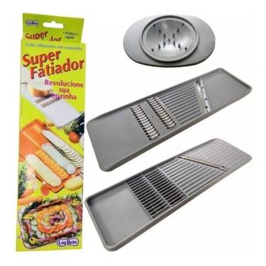 Imagem de Fatiador de Legumes e Frutas Plástico Cortador Manual Prático para Cozinha Cinza Lig Brin
