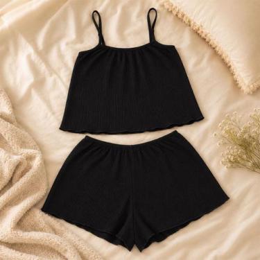 Imagem de Pijama Feminino Short Doll Cropped Suede Canelado Alça Macio - Beleza 