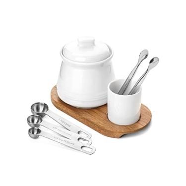 Imagem de Nucookery Tigela de açúcar de porcelana – Tigela de açúcar grande de 400 ml com tampa e colher de medida – Conjunto de açúcar deluxe com colheres de açúcar – Design prático com tampa hermética – Recipiente de açúcar elegante (branco)