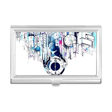 Imagem de Relógio de construção moderno da cidade em aquarela, porta-cartões de visita, caixa de bolso