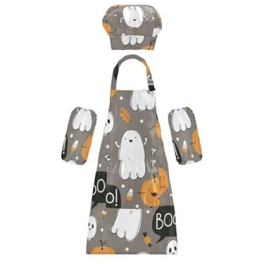 Imagem de GuoChe Avental infantil conjunto de chapéu de chef multiuso estrelas fofas abóboras cinza avental de cozimento com alça de pescoço ajustável para, Estrelas fofas, abóboras de Halloween, cinza, P