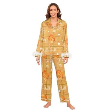 Imagem de GuoChe Conjunto de pijama macio de manga comprida com punho de penas de seda conjunto de pijama feminino loungewear conjunto para, Sleep S Hello, Hello Fall Xadrez Abóbora Laranja, GG