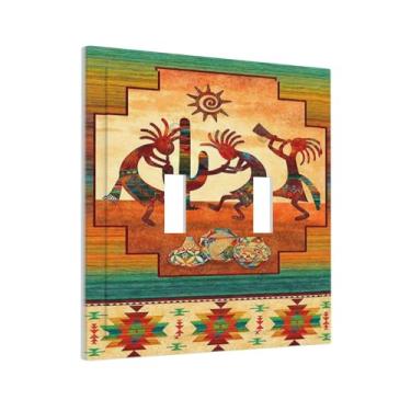 Imagem de Kokopelli Asteca Sudoeste Nativo Americano Africano Étnico 2 Gang Interruptor Dispositivo Interruptor Duplo Placa de Parede Arte Nativa Elétrica Decorativa Tomada Placa de Interruptor de Luz Tamanho Padrão Tampa do Receptáculo