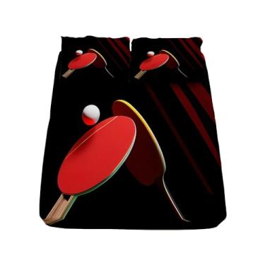 Imagem de Jogo de lençol solteiro macio, com raquete de tênis de mesa esportiva, com bolso elástico (41 cm), 4 peças, lençol de cima, preto e vermelho, resistente a vincos
