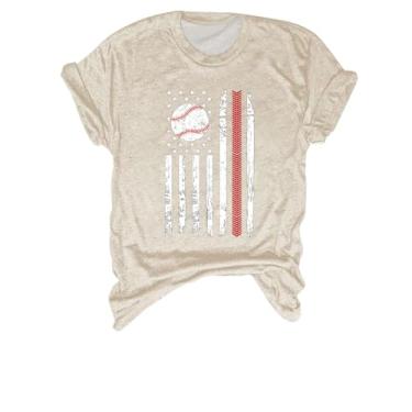 Imagem de Camiseta de verão feminina com estampa de beisebol, manga curta, gola redonda, casual, caimento solto, confortável, Bege, P