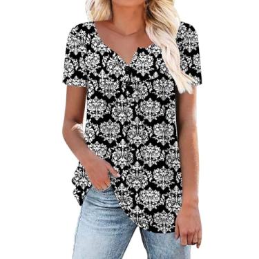 Imagem de Camiseta feminina de verão, estampa floral, manga curta, gola V, botão, plissada, folgada, túnica, Roxa, G