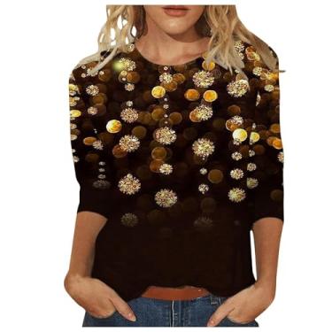Imagem de Camiseta feminina com estampa de lantejoulas com glitter, manga 3/4, manga curta, gola redonda, solta, confortável, casual, Z01 Laranja, P