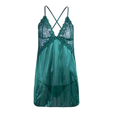 Imagem de Lingerie feminina roupa de dormir com alça vestido sem costas lingerie renda feminina cetim seda pijamas lingerie quente camisola roupa interior quente moda (verde exérci