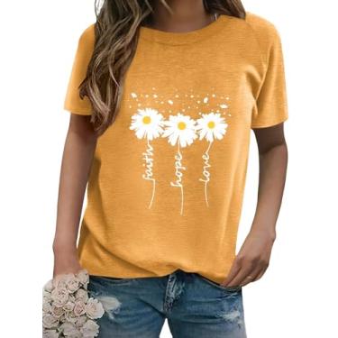 Imagem de Camisetas femininas de manga curta com gola redonda e estampa margarida verão Faith-Hope-Love Raglan Sleeve Tees Loose Fit Graphic Tops 2024, Amarelo, P