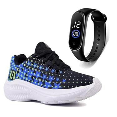 Imagem de Tenis Infantil De Amarrar Meninos Leve Desenhos LIGHT + Relogio Cor:Azul;Tamanho:32