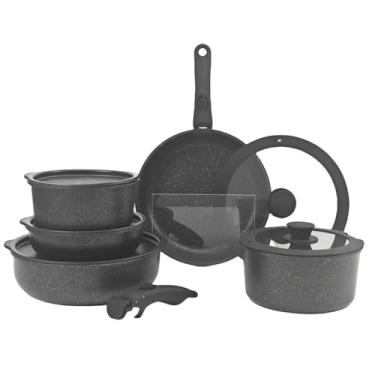 Imagem de Conjunto de panelas e frigideiras antiaderentes com alça removível, conjunto de panelas seguro para forno, dezessete peças pretas, uma