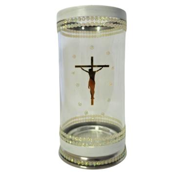 Imagem de Porta Vela 7 Dias 18 cm Jesus Cristo Cruz Vidro e Alumínio