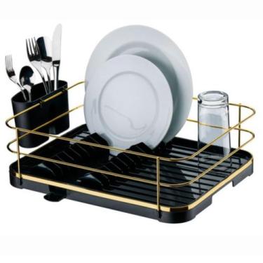 Imagem de Escorredor De Louças 12 Pratos Preto Aço Dourado Bandeja de Escoamento