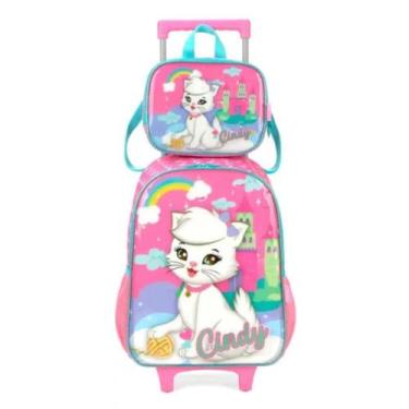 Imagem de Kit Mochila Grande Com Rodinha Lancheira Gatinha Cindy Pink - Luxcel