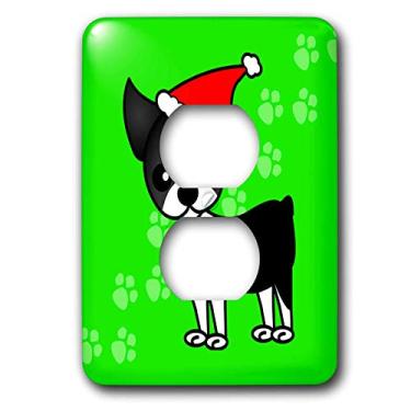 Imagem de 3dRose lsp_12088_6 Bonito Boston Terrier Verde com Chapéu de Papai Noel 2 tampas de tomada