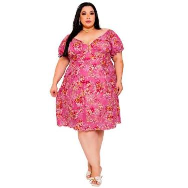 Imagem de Vestido feminino curto decote V profundo florido laise bordado algodão