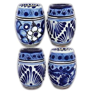 Imagem de MEXTEQUIL - Copos de shot Talavera em forma de barril: conjunto de 4 caballitos de cerâmica florais pintados à mão, 59 ml, cerâmica mexicana autêntica para tequila e mezcal (barril azul)