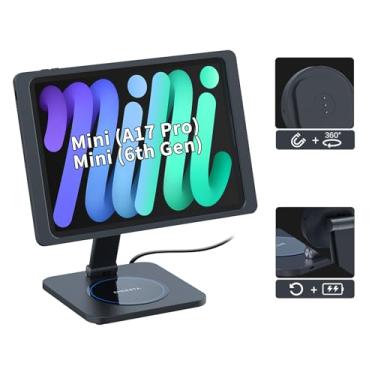 Imagem de EMONITA Suporte magnético dobrável com estojo de carregamento A6 para iPad mini (A17 Pro, A15 Bionic) 8,3 polegadas. Ímãs fortes, rotação de 360, inclinação de 90, adaptador de carregador rápido de 45