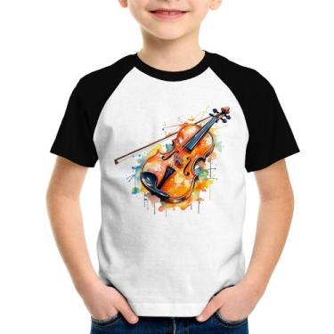 Imagem de Camiseta Raglan Infantil Violino Watercolor - Foca na Moda, Branco, Pr