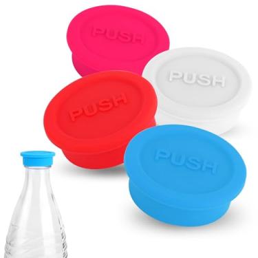 Imagem de 4 peças de tampas de garrafa para garrafa de vidro Sodastream, tampa de vedação de garrafa de água de silicone para bebida, peça de reposição reutilizável (vermelho, rosa, azul, branco)