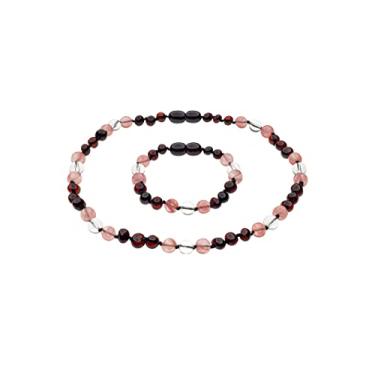 Imagem de Colar e pulseira de âmbar genuíno do Mar Báltico feitos com quartzo de cristal de cereja polido e quartzo cereja 34 cm (13,4 e 5,9 polegadas), Âmbar báltico