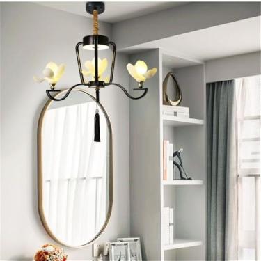 Imagem de OUFULA Luminária pendente de lótus contemporânea chinesa retrô criatividade sala de estar restaurante quarto villa hotel balcão decoração led lustre (E Black 3 lights)