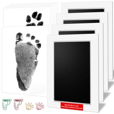 Imagem de Kit de impressão de mão e pegada sem tinta de tamanho grande com 4 almofadas de tinta e 8 cartões de impressão da PChero, ideal para presente de chá de bebê de recém-nascido