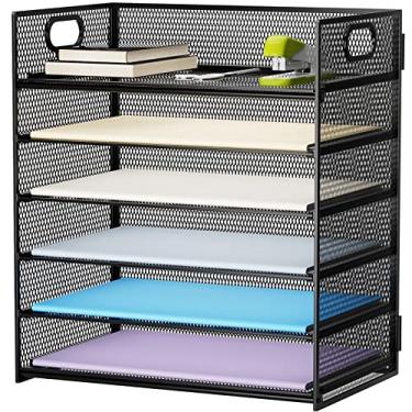 Imagem de Marbrasse Bandeja organizadora de papel com 6 camadas – Organizador de arquivos de mesa de malha com alça, organizador de papel para suporte de pasta de arquivos de cartas/A4 – Preto