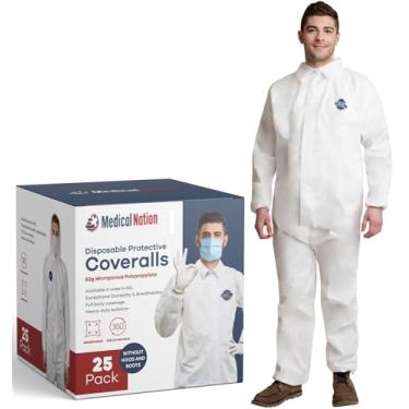 Imagem de Medical Nation Trajes Hazmat, Pacote Com 25, 5X-Grande, Macacão De Proteção Descartável, Traje De Pintor De Corpo Inteiro Para Serviços Pesados Para Homens E Mulheres Sem Capuz - Respirável E Resisten