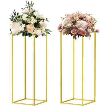 Imagem de Toosci Pacote com 2 vasos de coluna dourada de 60 cm para mesas, suportes de flores de metal, centros de mesa de casamento e decorações de festa, rack de exibição de flores retangular