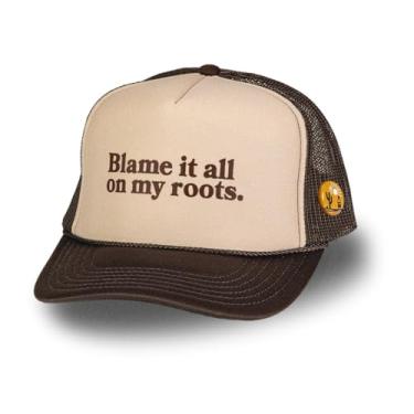 Imagem de Bottom Shelf Blame It All On My Roots Boné de caminhoneiro de espuma engraçado unissex com broche de chapéu, Bronze/Marrom, Tamanho �nica